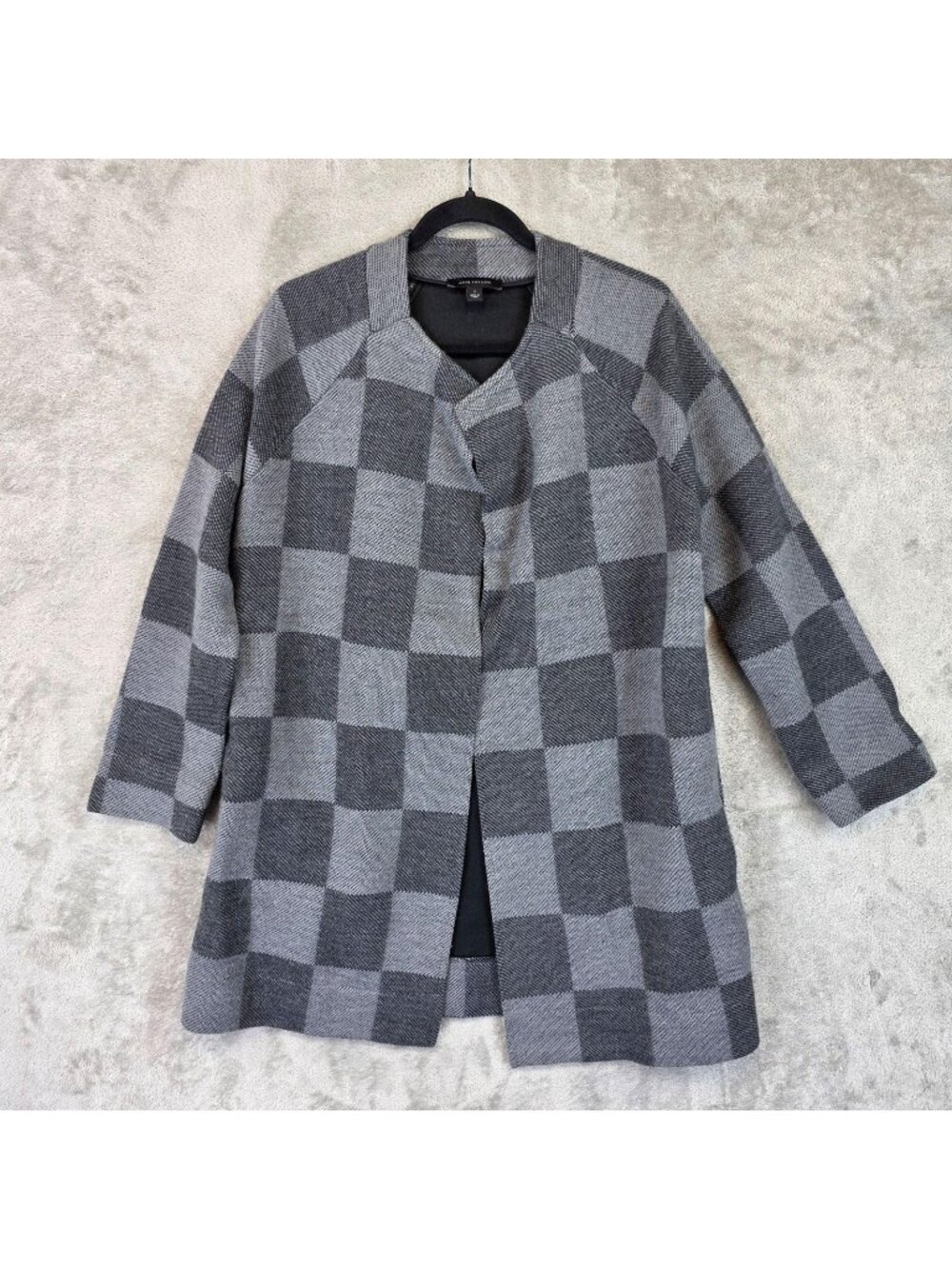 Ann Taylor Coat Womens Small Gray 100% Wool Check Open Front Long Collarless